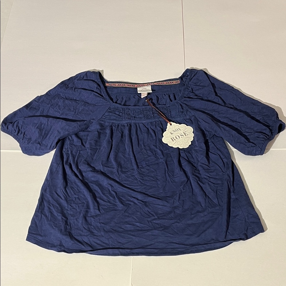 Knox Rose Boho Navy Blue Boxy Blouse Tee Short Sleeve Small NEW! Embroidered